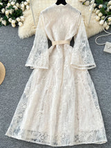 Fashion Flare Sleeve Ruffles Belt Lace Party Long Dress Maxi Dresses - Tophatter Daily Deals