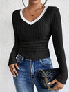 Fashion Contrast Color V-Neck Blouse Black Blouses - Tophatter Daily Deals
