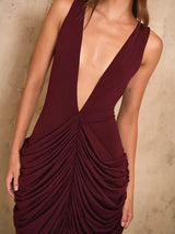 Deep V Neck Sleeveless Ruched Women Sexy Midi Dress Midi Dresses - Tophatter Daily Deals