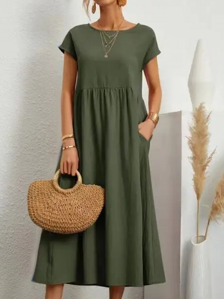 Women Vintage O Neck Short Sleeve Cotton Solid Dress Army Green Maxi Dresses - Tophatter Daily Deals