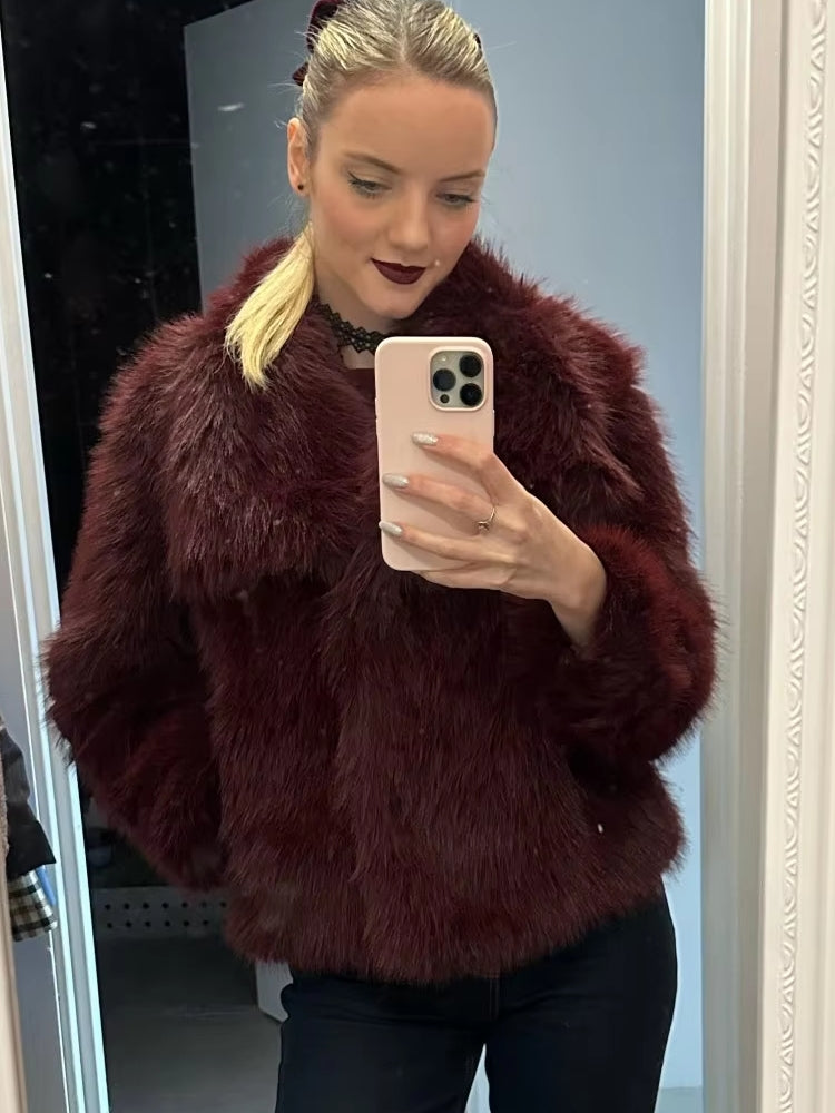 Women Luxury Big Fur Collar Overcoats Burgundy Coats & Jackets - Tophatter Daily Deals