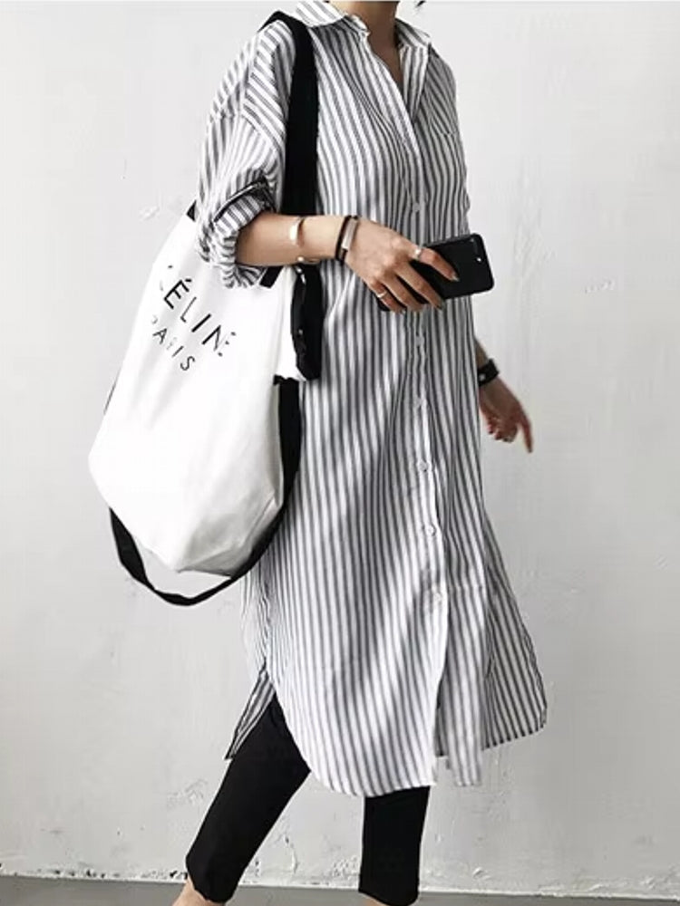 Fashion Mid-length Striped Shirt Skirt White Blouses - Tophatter Daily Deals