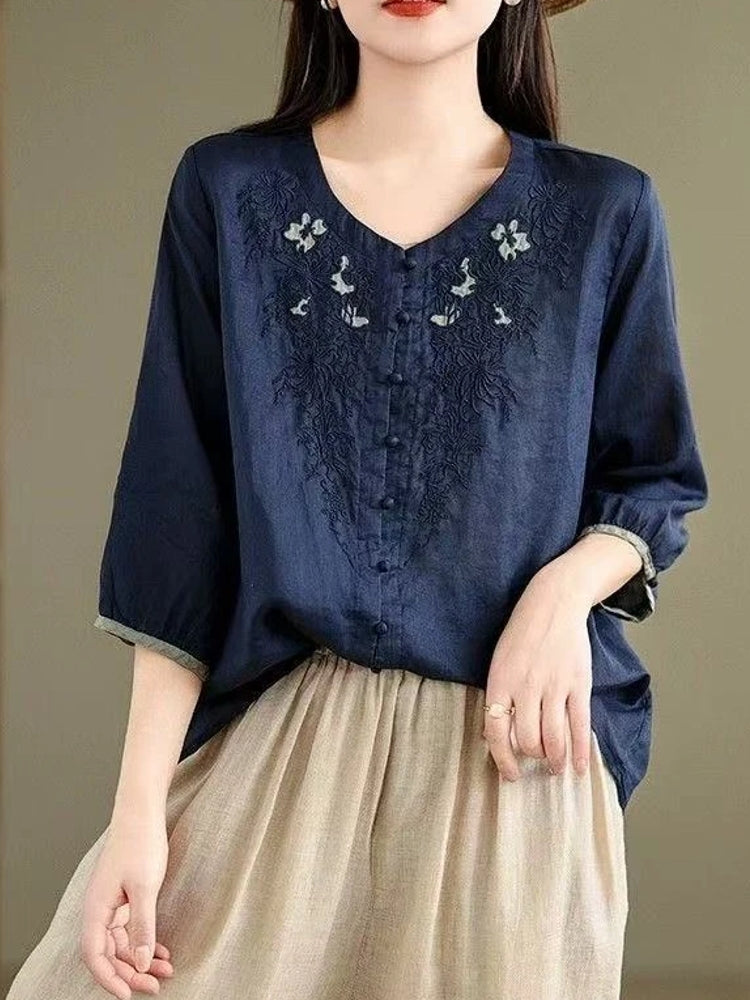 Casual 3/4 Sleeve Embroidery Floral Blouse Blouses - Tophatter Daily Deals