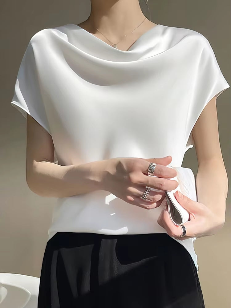 Summer Satin Silk Blouse Women Short Sleeve Tops White 01 Blouses - Tophatter Daily Deals