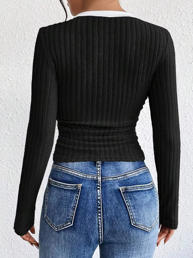 Fashion Contrast Color V-Neck Blouse Blouses - Tophatter Daily Deals