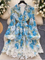 Women V-Neck Long Lantern Sleeve Lace Clothing Blue Mini Dresses - Tophatter Daily Deals