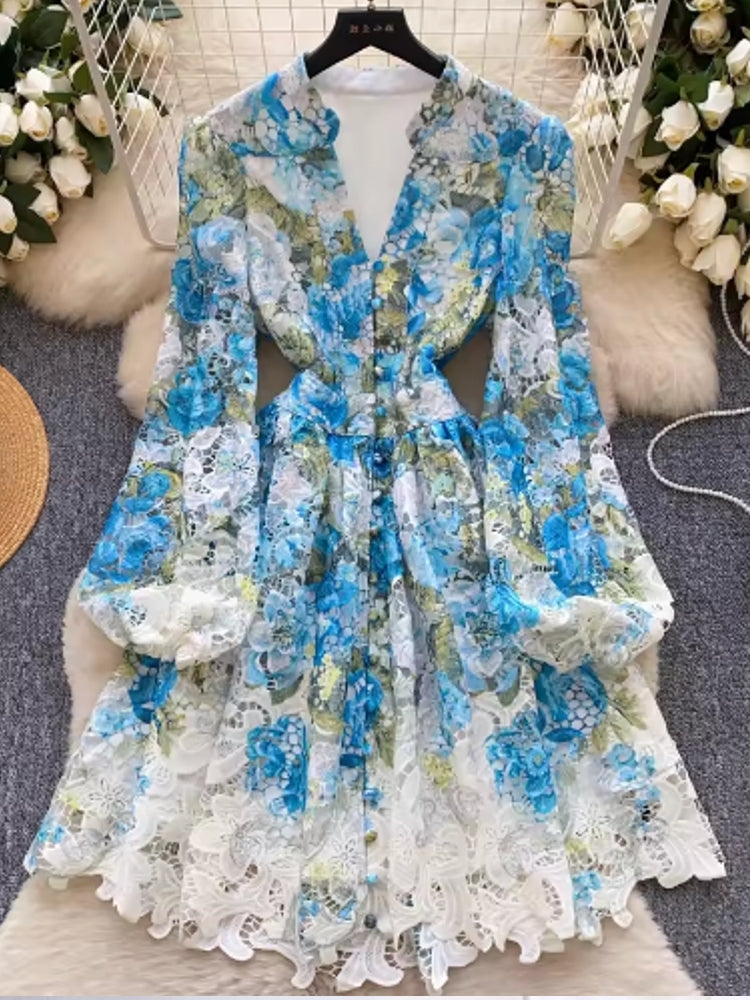 Women V-Neck Long Lantern Sleeve Lace Clothing Blue Mini Dresses - Tophatter Daily Deals