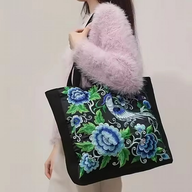 Ethnic Canvas Tote Shoulder Bag Black Women Bag - Tophatter Daily Deals