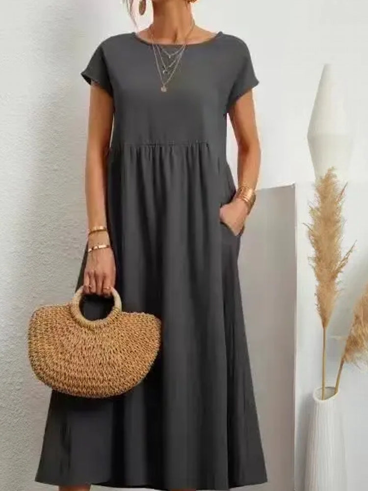 Women Vintage O Neck Short Sleeve Cotton Solid Dress Dark Grey Maxi Dresses - Tophatter Daily Deals