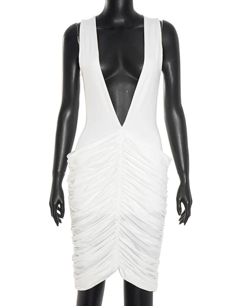 Deep V Neck Sleeveless Ruched Women Sexy Midi Dress Midi Dresses - Tophatter Daily Deals