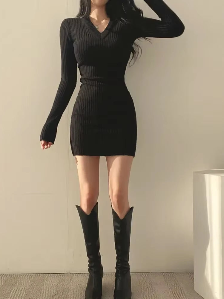Women V-Neck Sexy Knit Bodycon Dress Mini Dresses - Tophatter Daily Deals