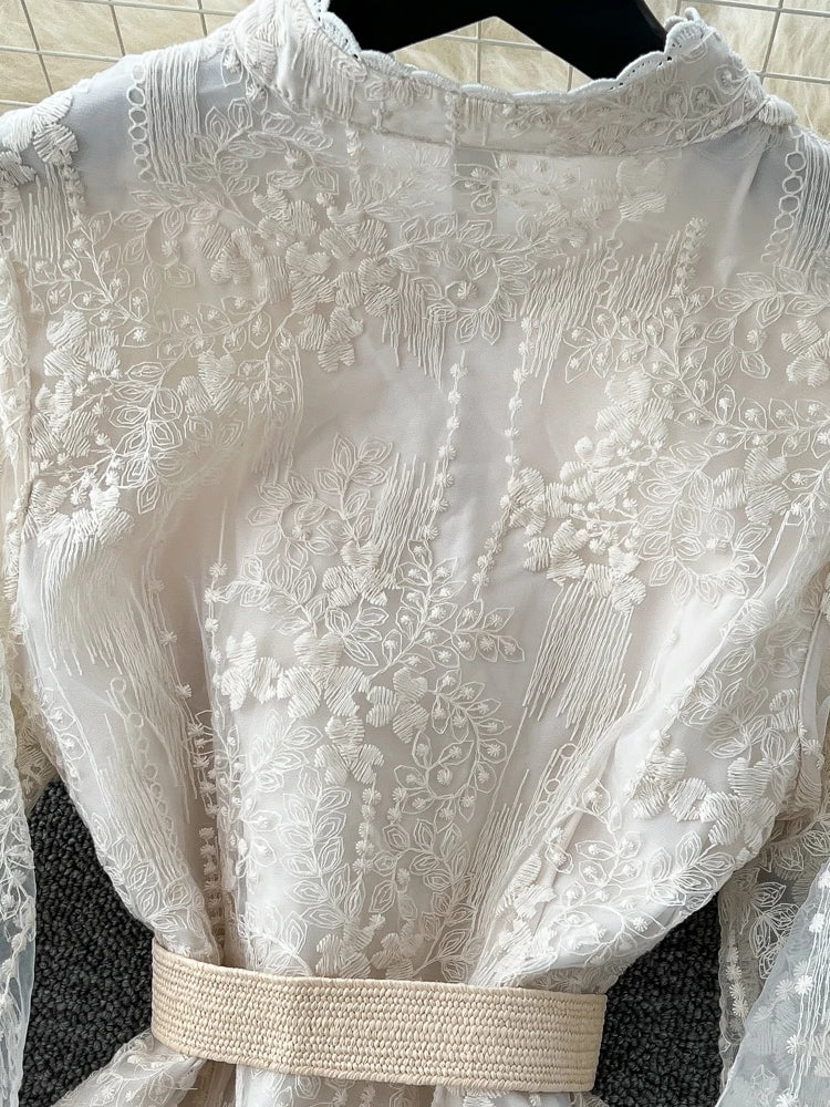 Fashion Flare Sleeve Ruffles Belt Lace Party Long Dress Maxi Dresses - Tophatter Daily Deals