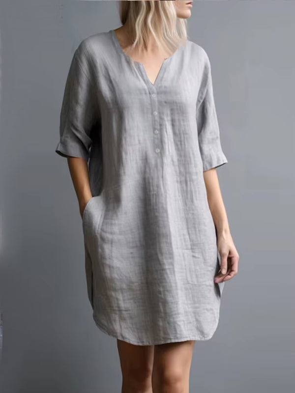 Casual V-Neck Women Shirt Dress Gray Midi Dresses - Tophatter Daily Deals
