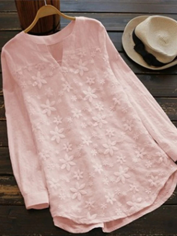 White Women Lace Long Sleeve Tops V Neck Embroidery Fashion Loose Elegant Shirt Pink BLOUSES & SHIRTS - Tophatter Daily Deals