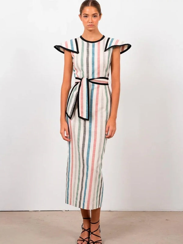 Elegant Striped Print Lace Up Midi Dress Midi Dresses - Tophatter Daily Deals