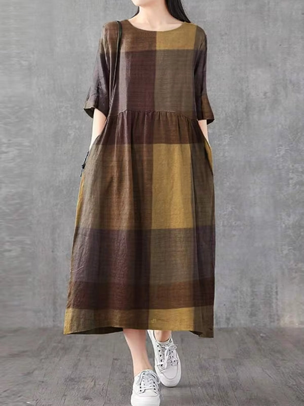 Plaid Half Sleeve Pocket Women Midi Dresses Midi Dresses - Tophatter Daily Deals