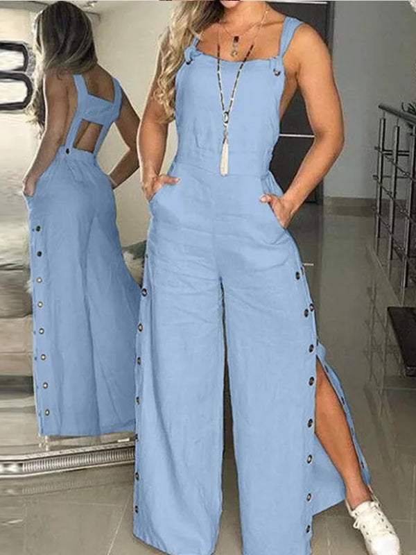Casual Wide-Leg Jumpsuit with Side Pockets Blue Jumpsuits Pants - Tophatter Daily Deals