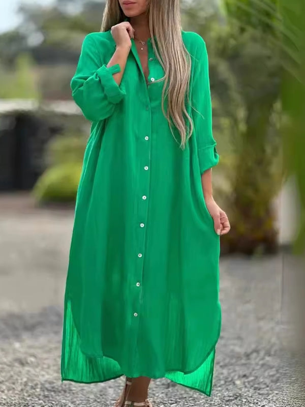 Spring Cotton Linen Solid Pocket Oversize Shirt Dresses Green Maxi Dresses - Tophatter Daily Deals