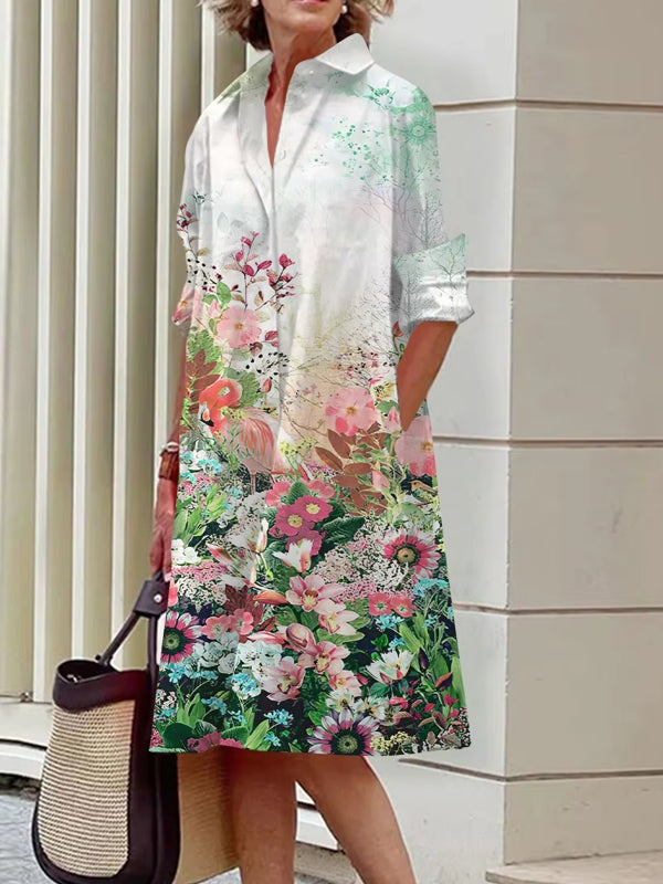Elegant Women's Floral Pattern Shirt Dress White Midi Dresses - Tophatter Daily Deals
