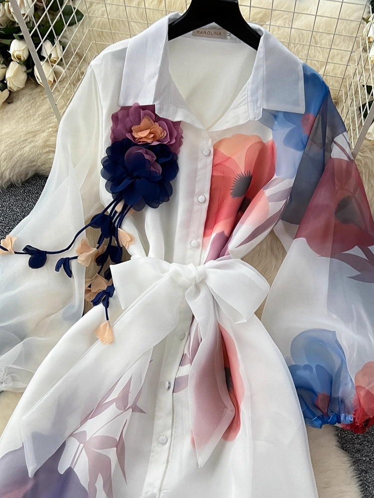 Floral Print Belt Chiffon Shirt Maxi Dress White Maxi Dresses - Tophatter Daily Deals