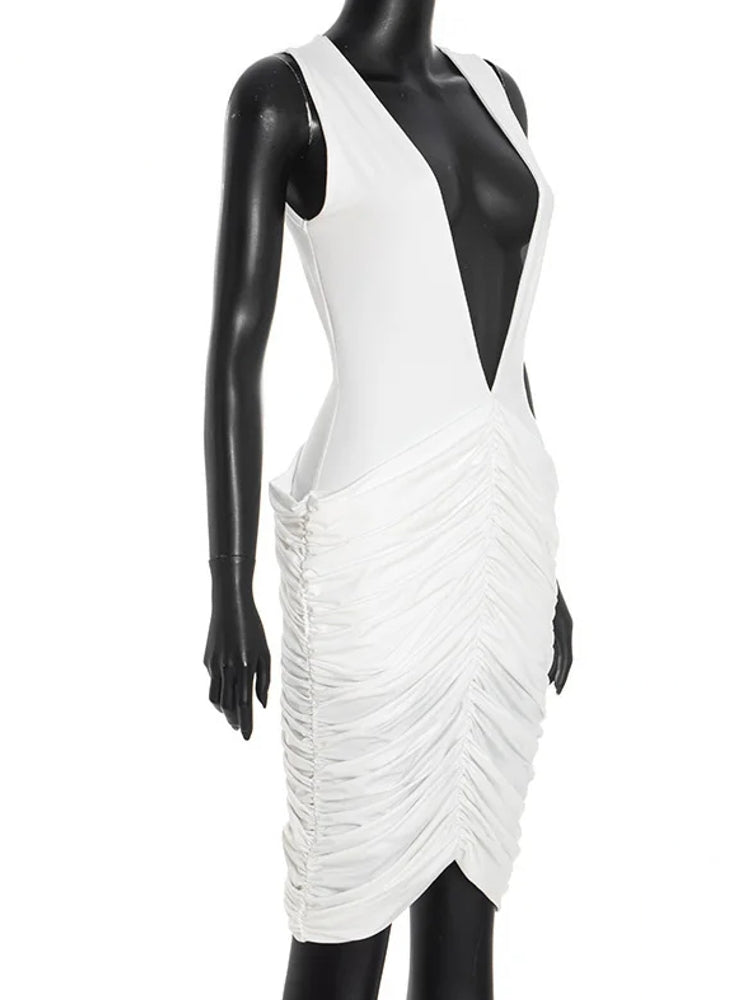Deep V Neck Sleeveless Ruched Women Sexy Midi Dress Midi Dresses - Tophatter Daily Deals