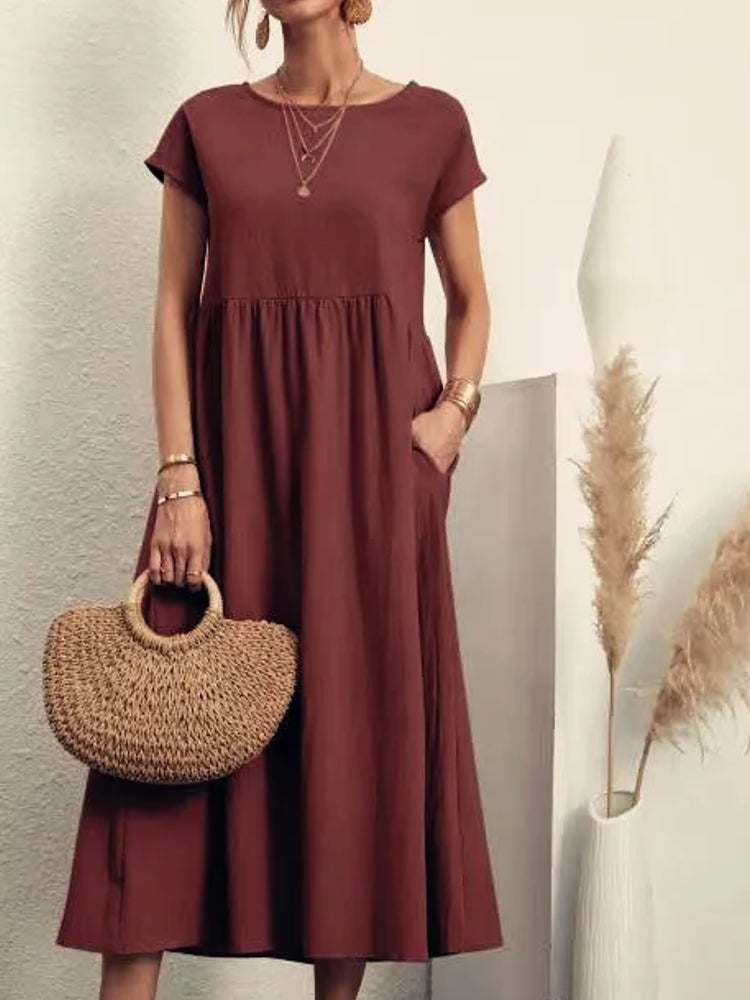 Women Vintage O Neck Short Sleeve Cotton Solid Dress Burgundy Maxi Dresses - Tophatter Daily Deals