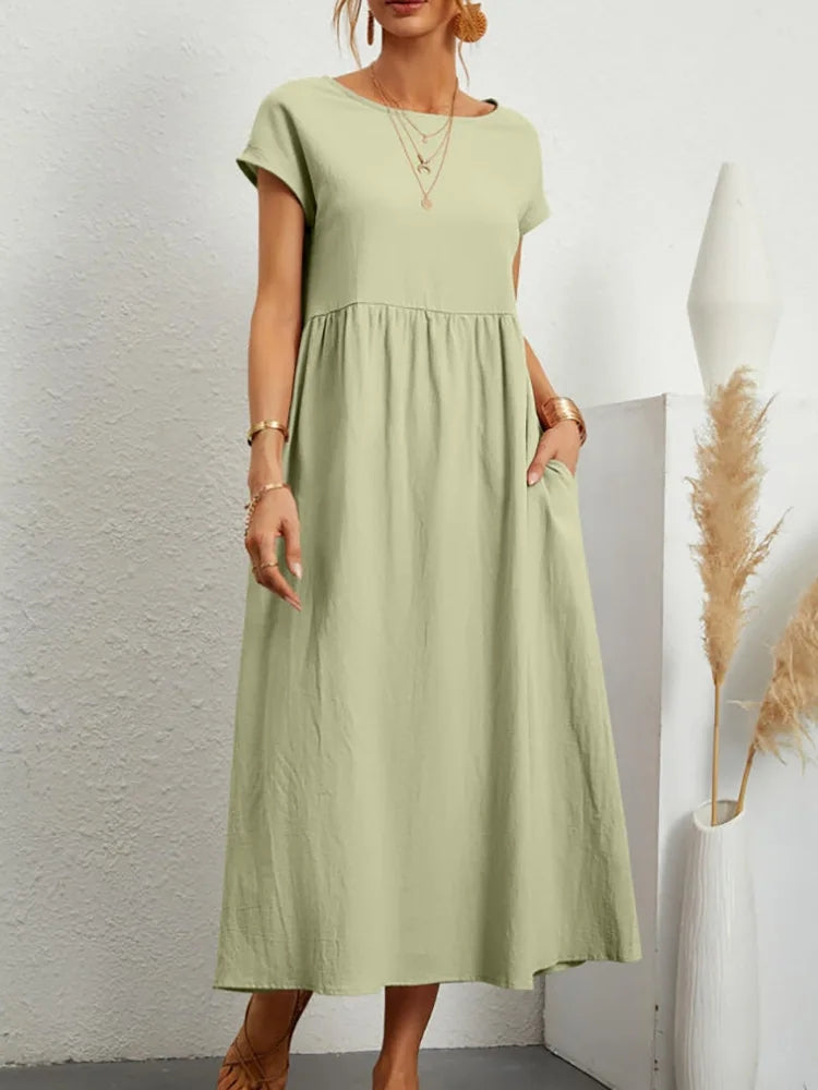 Women Vintage O Neck Short Sleeve Cotton Solid Dress Apple Green Maxi Dresses - Tophatter Daily Deals