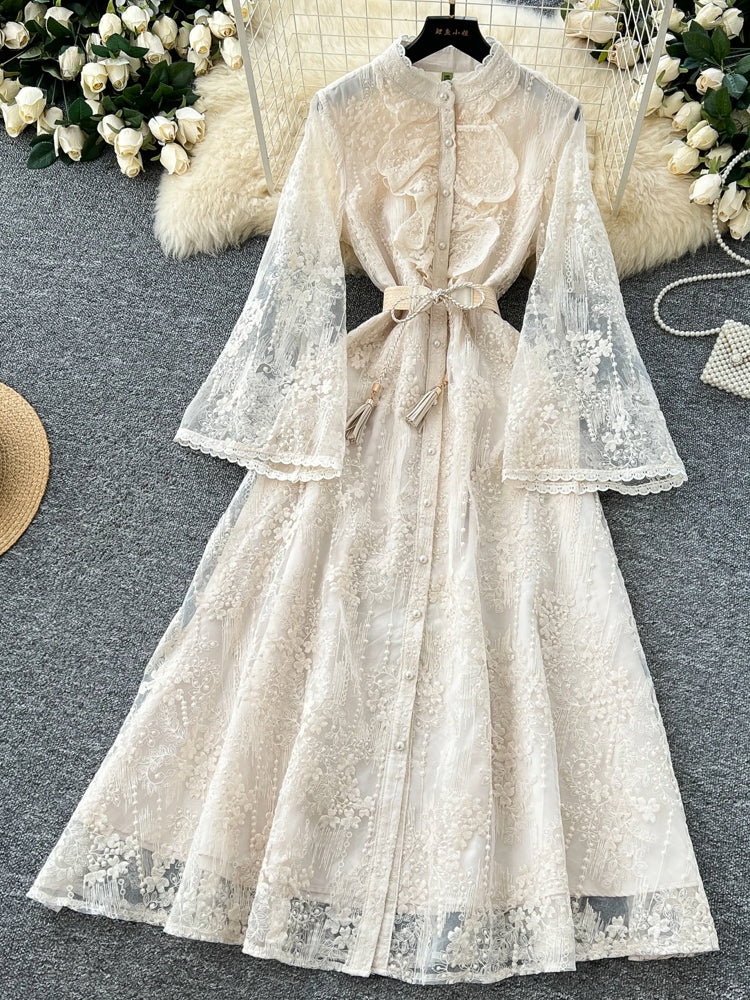 Fashion Flare Sleeve Ruffles Belt Lace Party Long Dress Maxi Dresses - Tophatter Daily Deals