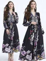 Casual Long Sleeve V-Neck Party Buttons Down Dress Maxi Dresses - Tophatter Daily Deals