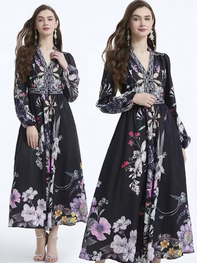 Casual Long Sleeve V-Neck Party Buttons Down Dress Maxi Dresses - Tophatter Daily Deals