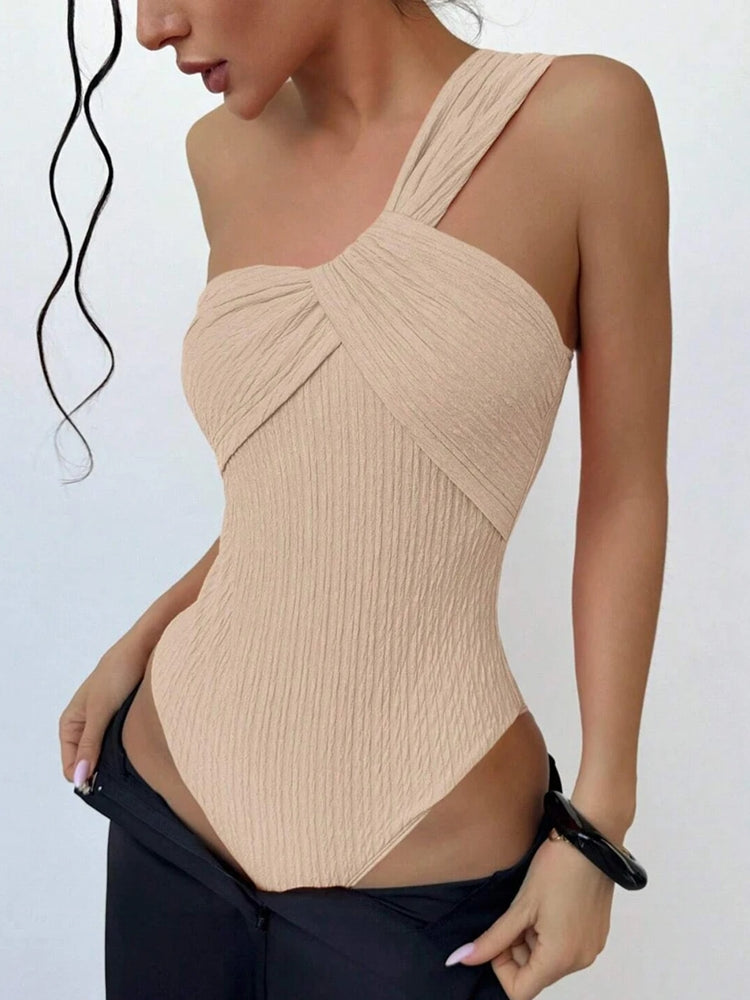 Sexy Rib One Shoulder Swimwear Beige Swimwear - Tophatter Daily Deals