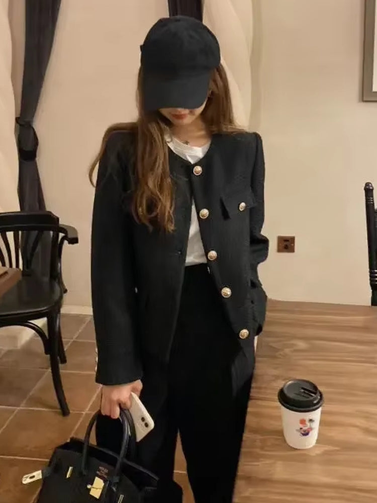 Fashion Short Slim Wool Tweed Coat Black Work Wear Blazers - Tophatter Daily Deals