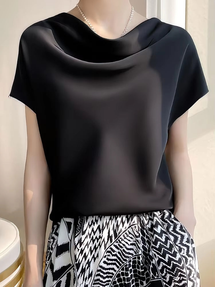 Summer Satin Silk Blouse Women Short Sleeve Tops Black Blouses - Tophatter Daily Deals
