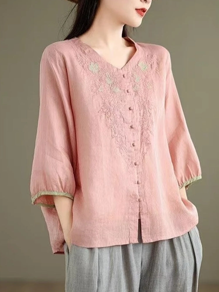 Casual 3/4 Sleeve Embroidery Floral Blouse Pink Blouses - Tophatter Daily Deals