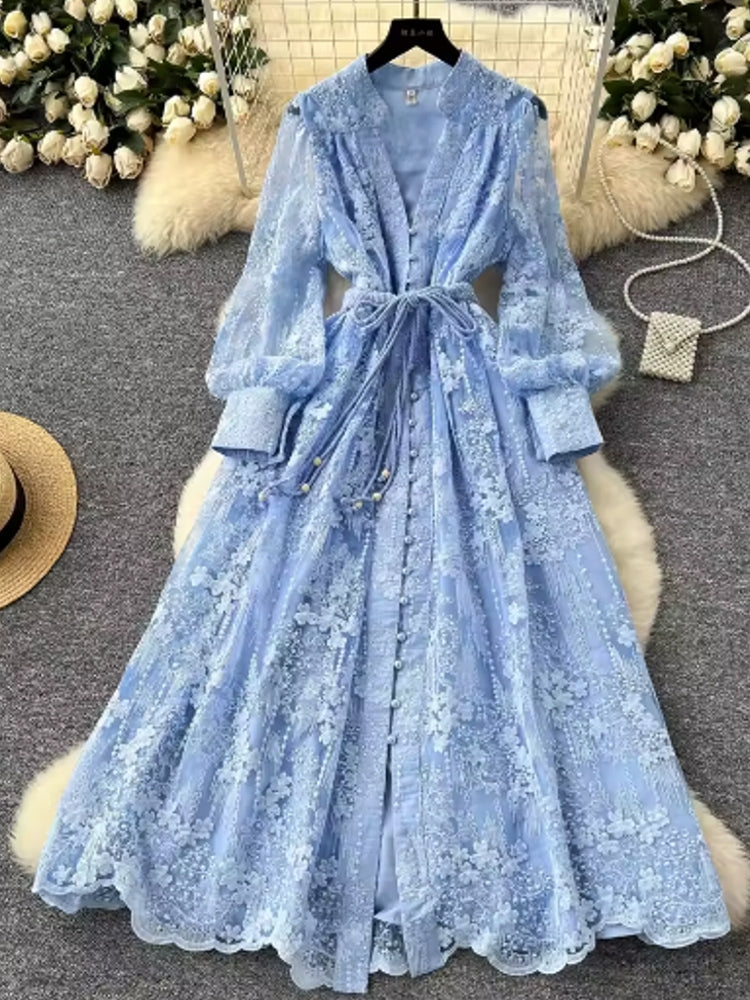 Elegant Luxury Lace Single Breasted Evening Party Dress Sky Blue Maxi Dresses - Tophatter Daily Deals