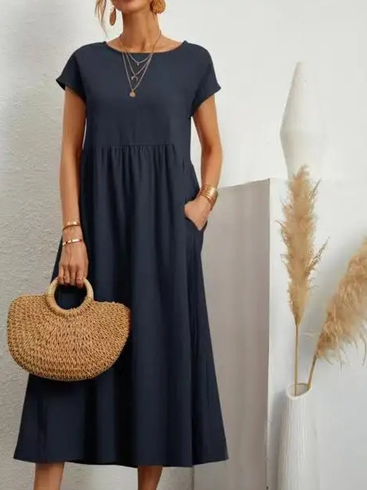 Women Vintage O Neck Short Sleeve Cotton Solid Dress Navy Maxi Dresses - Tophatter Daily Deals