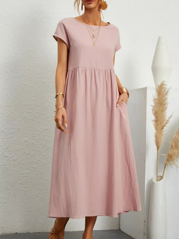 Women Vintage O Neck Short Sleeve Cotton Solid Dress Pink Maxi Dresses - Tophatter Daily Deals