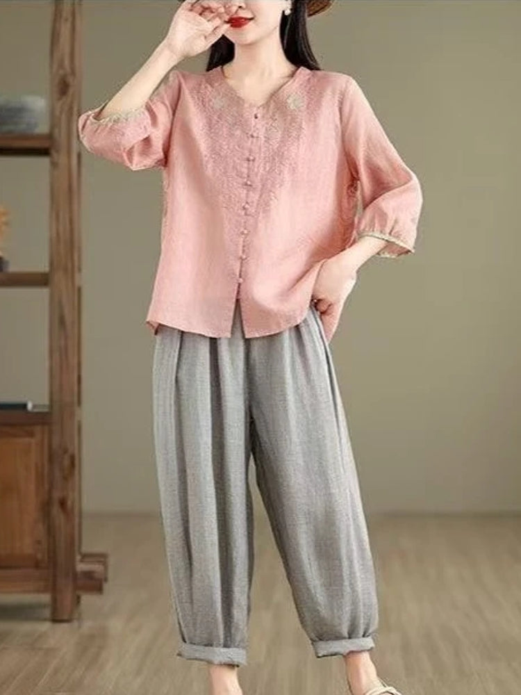 Casual 3/4 Sleeve Embroidery Floral Blouse Blouses - Tophatter Daily Deals