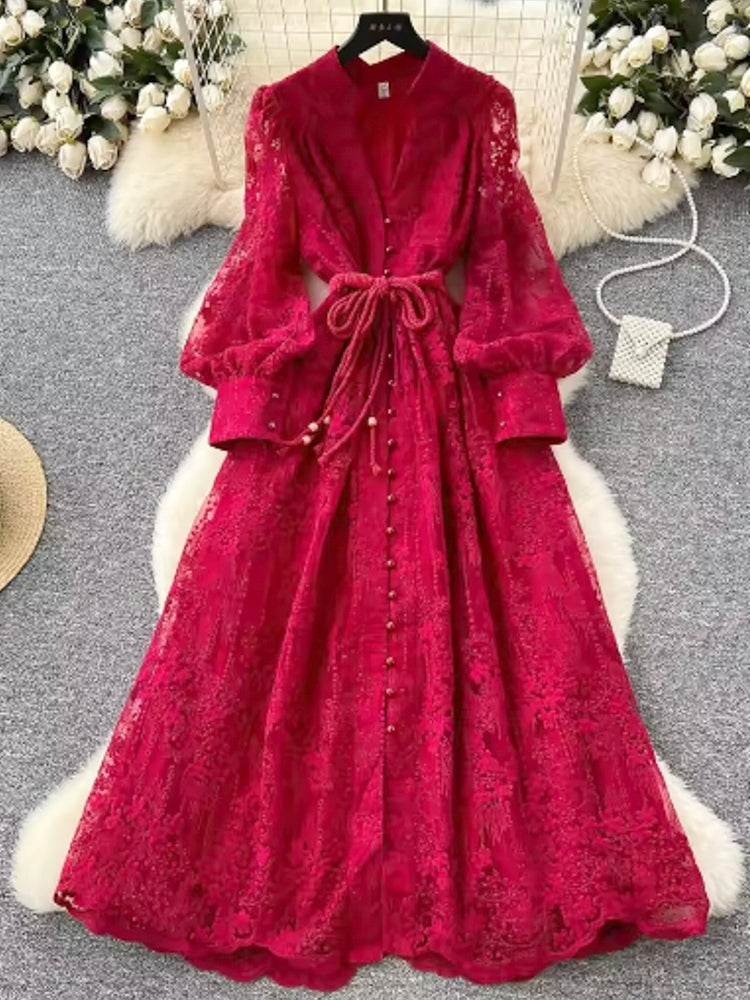 Elegant Luxury Lace Single Breasted Evening Party Dress Red Maxi Dresses - Tophatter Daily Deals