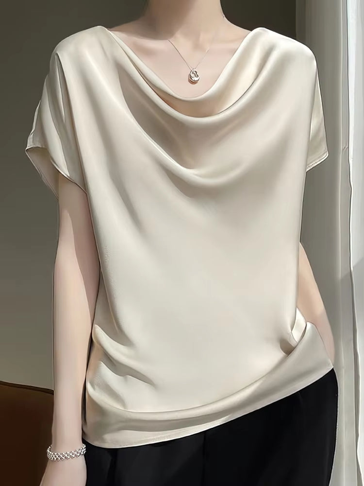 Summer Satin Silk Blouse Women Short Sleeve Tops Beige Gradient Blouses - Tophatter Daily Deals
