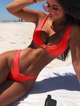 Solid High Waist Gold Front Lock Bikini Swimwear - Tophatter Daily Deals