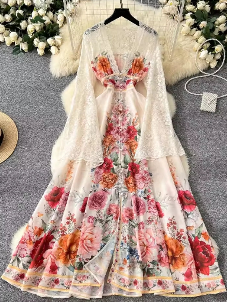 Holiday Chiffon Flare Sleeve Floral Pleated Dress Apricot Maxi Dresses - Tophatter Daily Deals