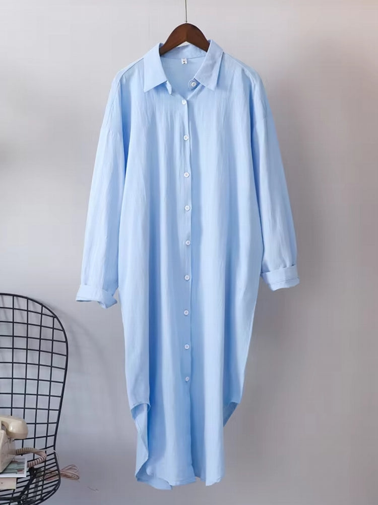 Women Cotton Oversized Big Shirt Dress Sky Blue Blouses - Tophatter Daily Deals