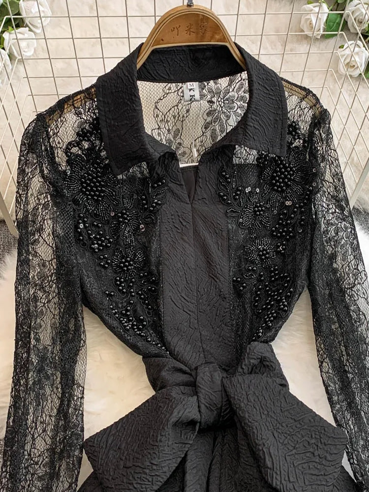 Elegant Belted Beaded Mesh Lace Evening Dress Black Maxi Dresses - Tophatter Daily Deals