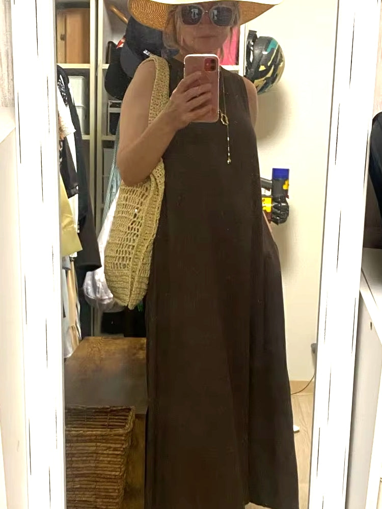 Women Simple Loose Round Neck Sleeveless Daily Dress Midi Dresses - Tophatter Daily Deals