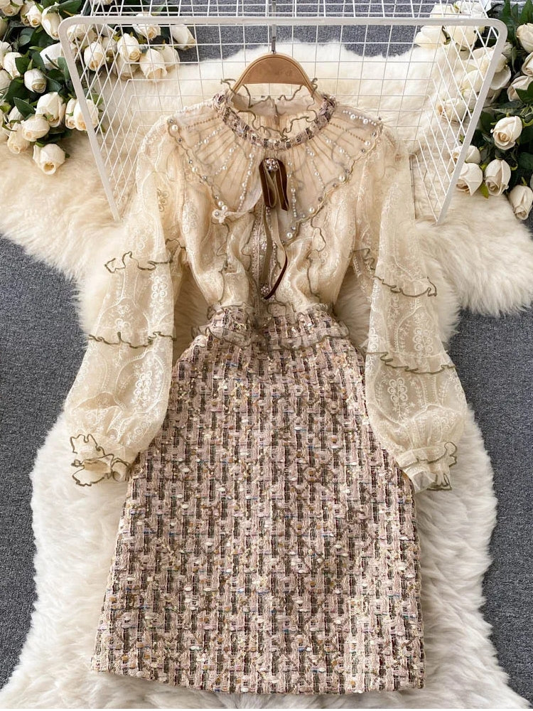 Women Ruffles Luxious Beading Party Dress Beige Midi Dresses - Tophatter Daily Deals