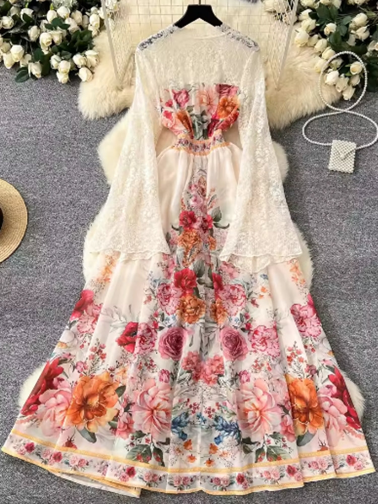 Holiday Chiffon Flare Sleeve Floral Pleated Dress Maxi Dresses - Tophatter Daily Deals