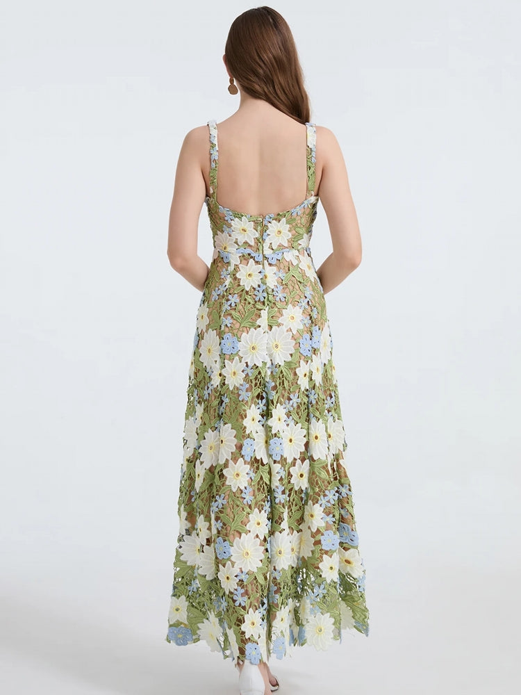 Women Square Collar Backless Sleeveless Embroidery Dress Maxi Dresses - Tophatter Daily Deals