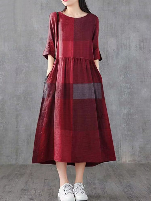 Plaid Half Sleeve Pocket Women Midi Dresses Midi Dresses - Tophatter Daily Deals