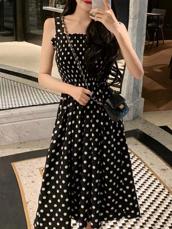 Polka Dot Shoulder Sexy Dresses Black Midi Dresses - Tophatter Daily Deals
